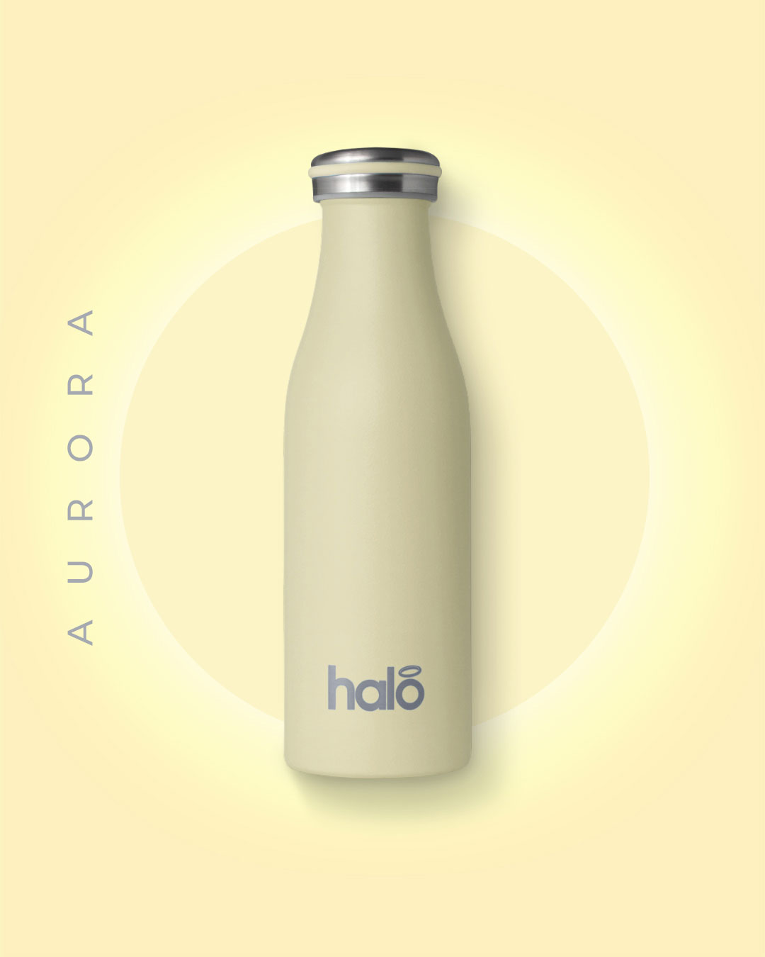 Halo Bottle 500ml yellow reusable water bottle with aurora.