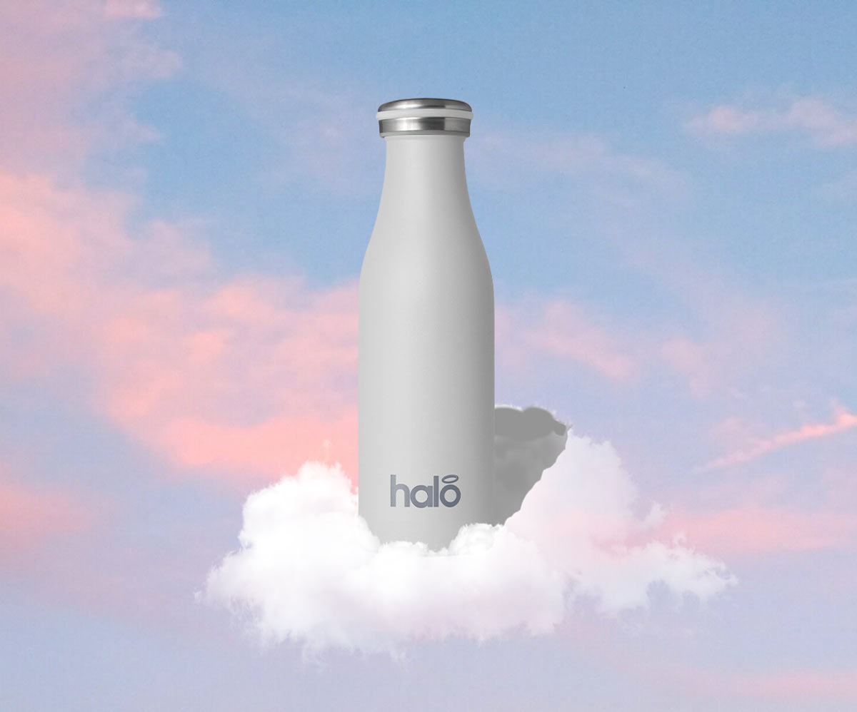 Halo Bottle grey reusable steel bottle on cloud.