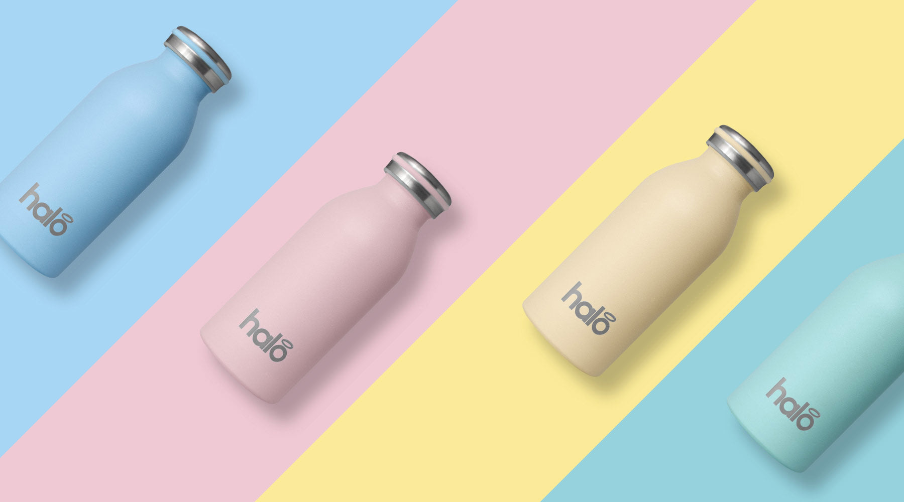 Halo Bottle small stainless steel reusable water bottles in pink, yellow, green and blue with coloured stripes.