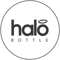 Halo Bottle black logo in circle.