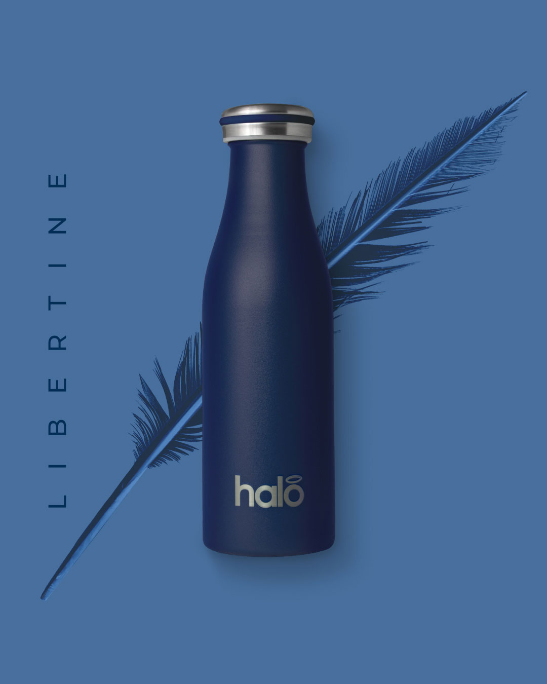 Halo Bottle 500ml navy blue reusable water bottle with feather.