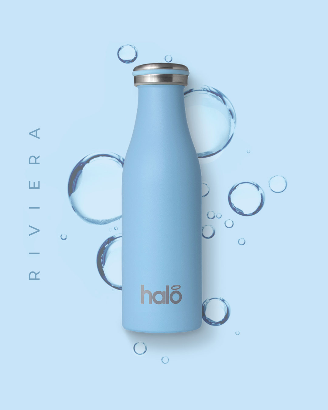 Halo Bottle 500ml blue steel reusable water bottle with bubbles.